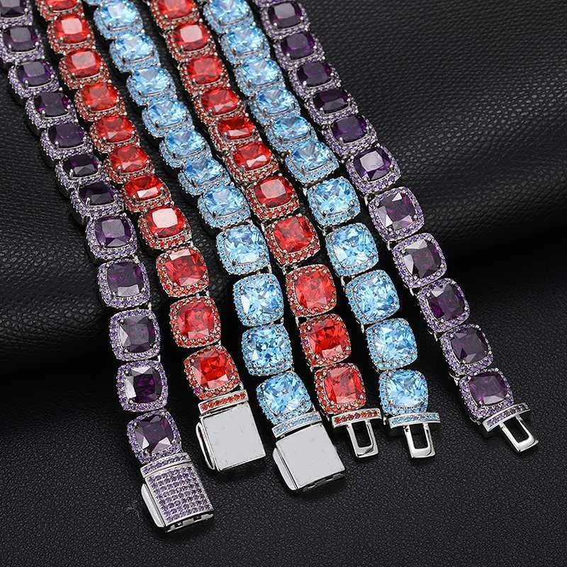 Hip Jewelry Men Women Custom Colorful 5a Zircon Diamond Cluster Square Iced Out Tennis Chain Necklace