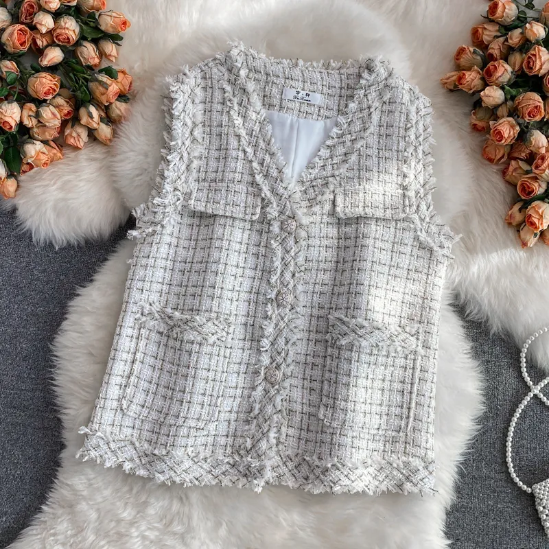 Elegant Tweed Vest for Women - Fragrant V-Neck, Single