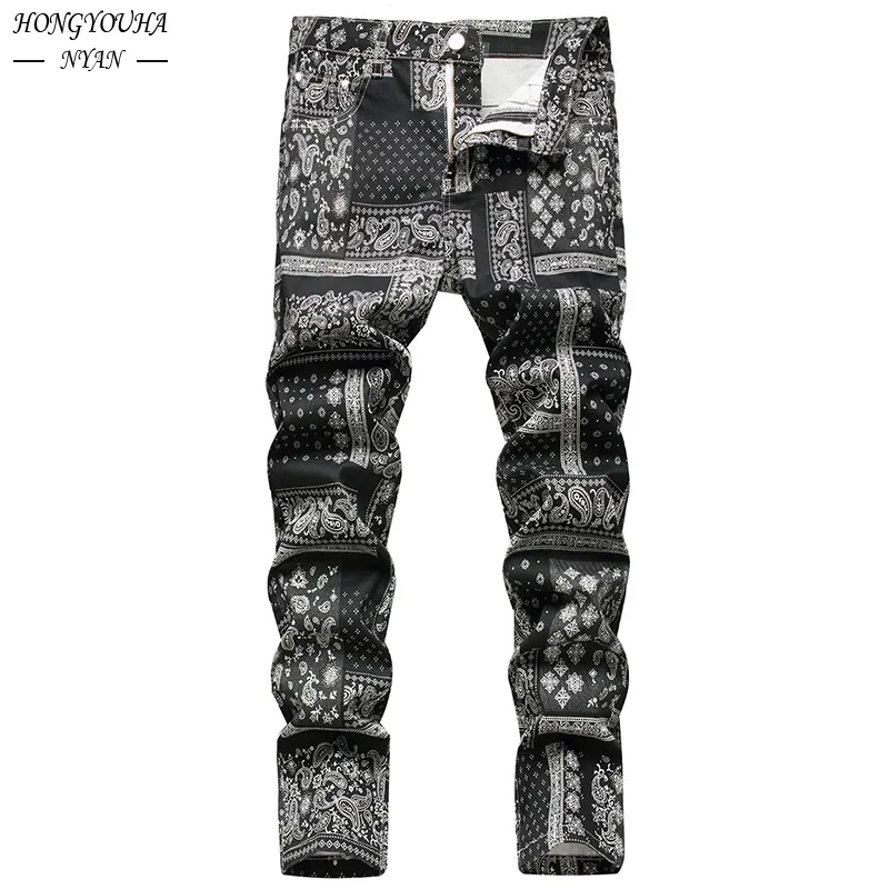 Heren jeans herfst gedrukt paisley mode klassieker dagelijkse reguliere fit casual stretch broek man man lose jeans hombre broek 230327