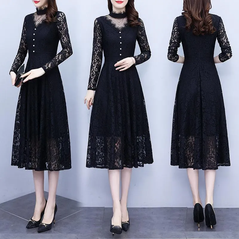 Casual Dresses 2023 Autumn Solid Black Lace Dress Female Slim and Thin Temperament Hollow Long Sleeve Mid-Length kjol Party Evening Evening