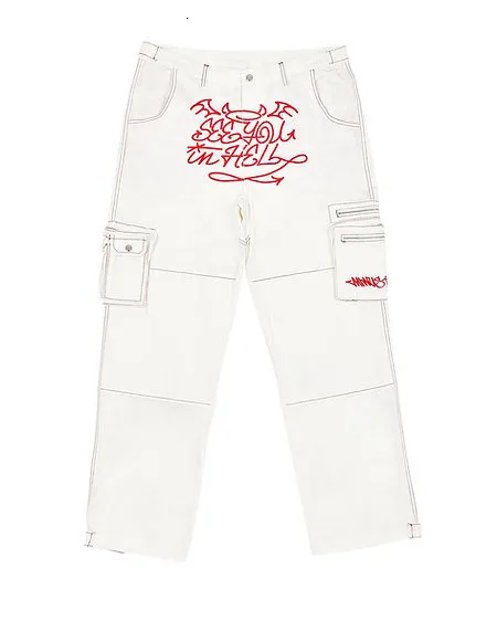 White Cotton Cargo Pants With Red Gothic Devil Print From Dou05