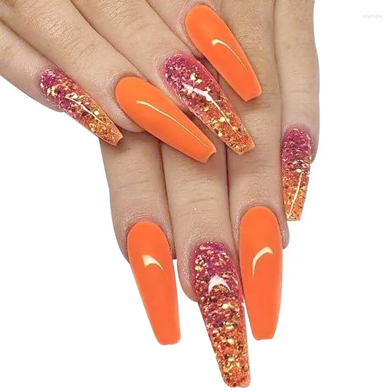 FALSE NAILS 20st/Box Hit Color Nail Long French Fake Löstagbar Ballet Coffin Tips med Rhinestones Tryck på Art Tool