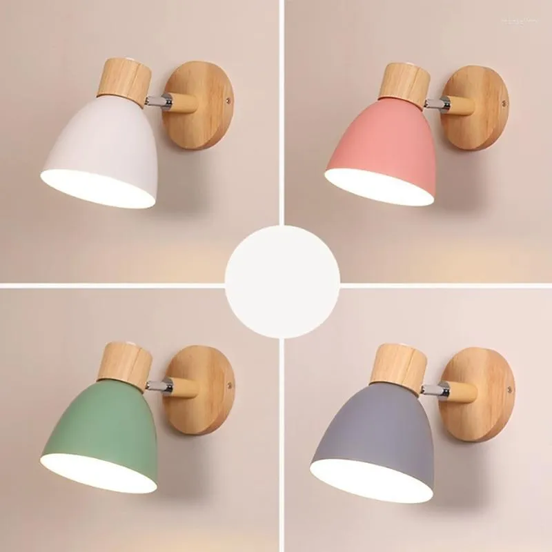 Appliques murales modernes macaron 6 couleurs direction lampe nordique avec interrupteur applique en bois pour chambre salon tête E27 lumières intérieures