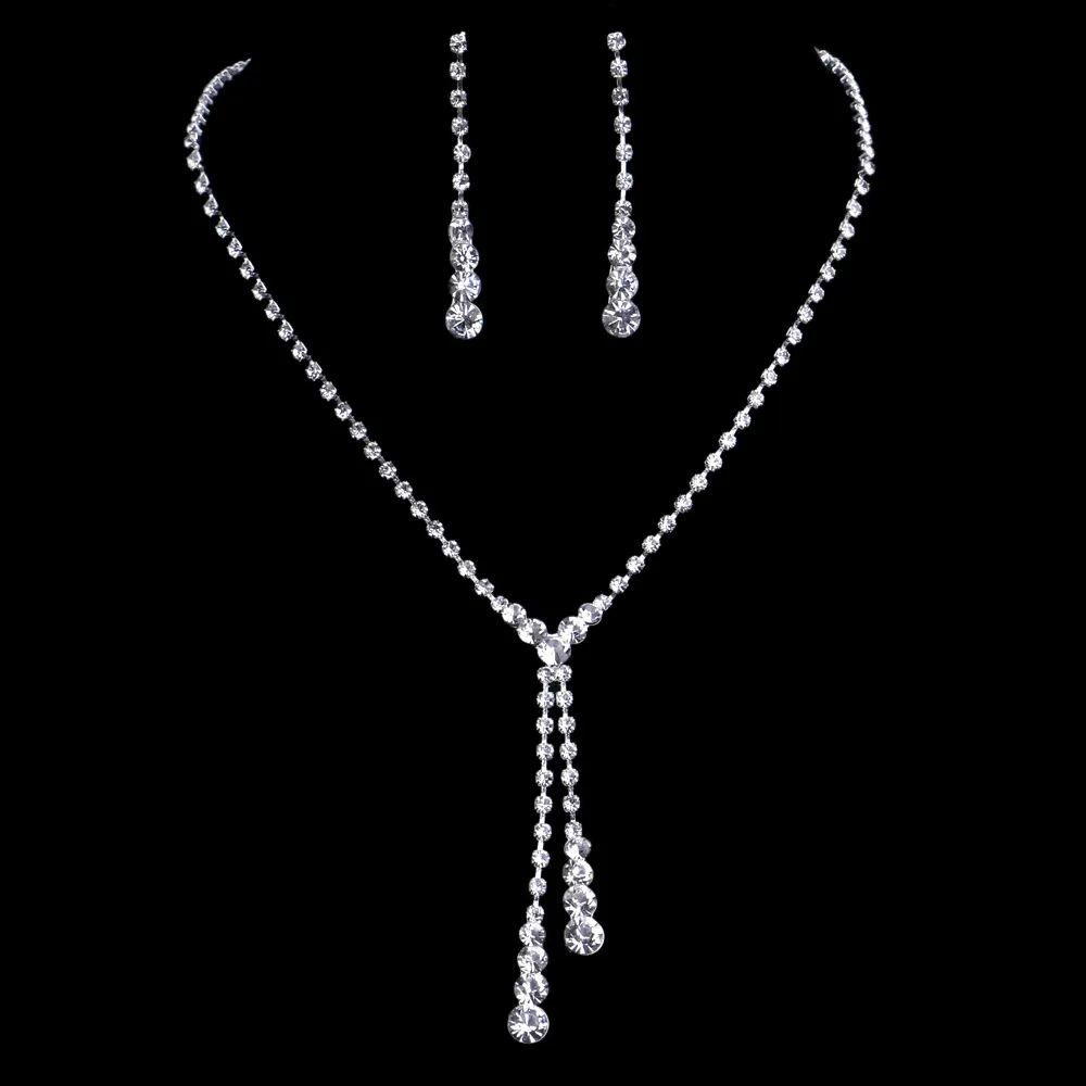 Rhinestone Long Drop Necklace Earrings Set Women Waterdrop Bridal Bridesmaid Wedding Jewelry Sets