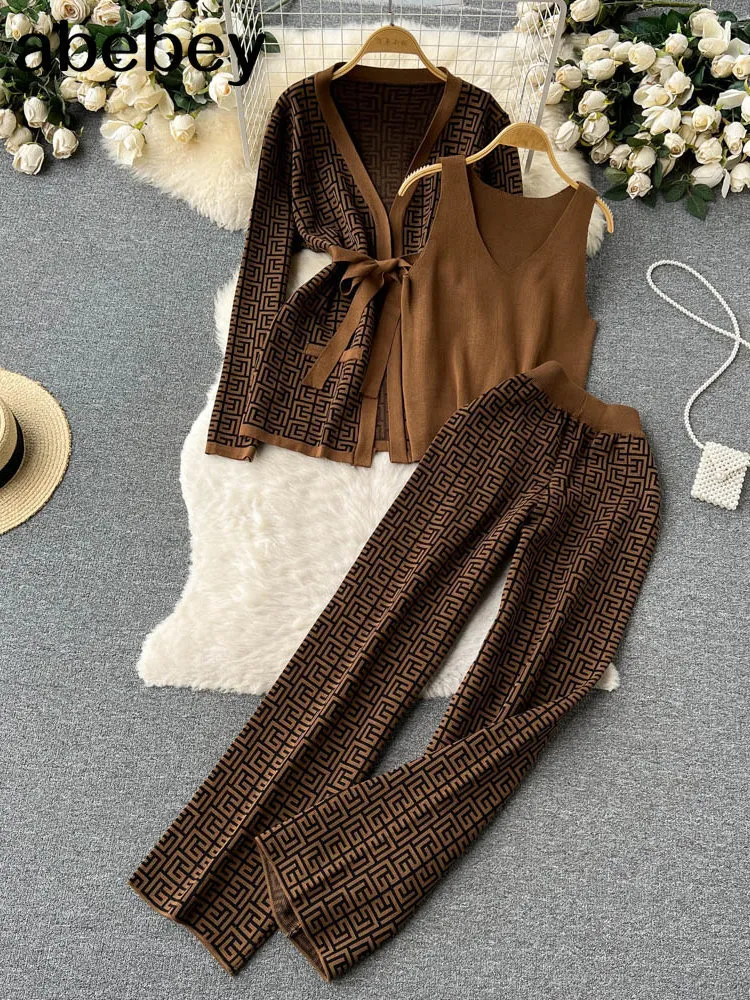 Women s Two Piece Pants Winter Panelled Knitted Sets Fashion Long Sleeve V Neck Tie Knitwear Wide Leg Pant Cami OL Sweater Three Pieces Suits 230328