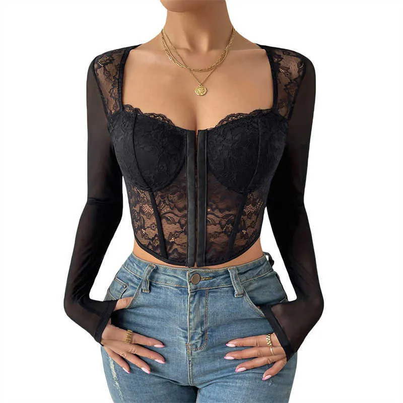 Dames t-shirt herfst zomer kanten crop tops dames vierkante nek lange mouw mesh patchwork hollow out blouse mode vintage buckle corset zwart p230328