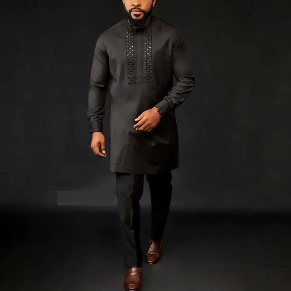 Men's Tracksuits New Matching Sets African Men's Suits Dashiki Solid Color Hot Brick Tops and Pant Sets 2 Piece Sets Men Outfit Men's Clothing W0328