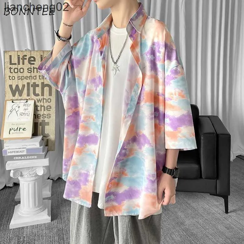 Herren Freizeithemden Herren Tie-Dye bedruckte Hemden Hip-Hop Mode Kurzarm Umlegekragen Streetwear Teenager Allgleiches Sommeroberteil Korean Chic BF W0328