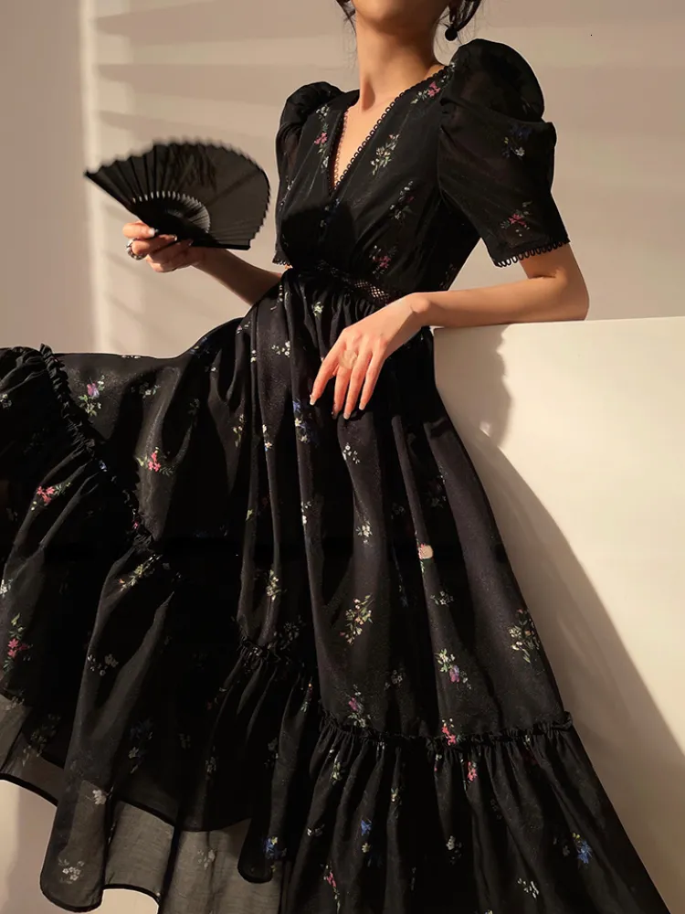 amazon black party dresses Women Solid Black Dobby Weave V-Neck Puff Sleeves Tie-Up Waist Tulip Hem  Wrap Ruffled Midi Dress