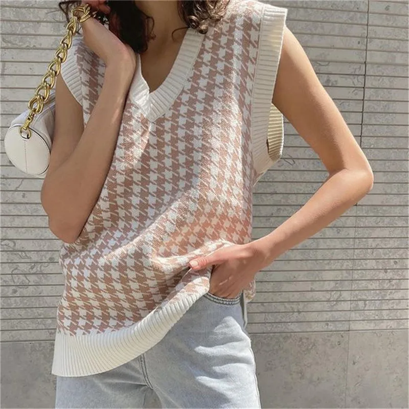 Womens Houndstooth Knitted V Neck Sweater Casual Loose Fit