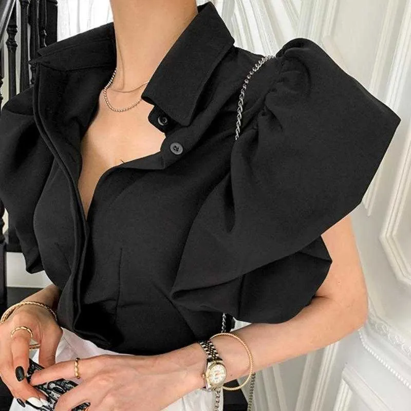 Bluzki damskie koszule swobodne czarne koszule kobiety Camisa feminina blusas pojedynczy piersi w stylu pałacu tope Lantern krótkie bluzka bluzka letnia Y2303