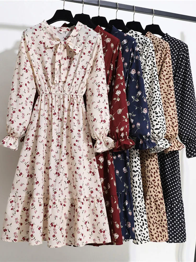 Robes Décontractées Imprimé Floral Femmes Robe Femme Automne À Manches Longues Vintage En Mousseline De Soie Noeud Papillon Cou Bureau Dame Chemise Robe D'été Vestidos 230327