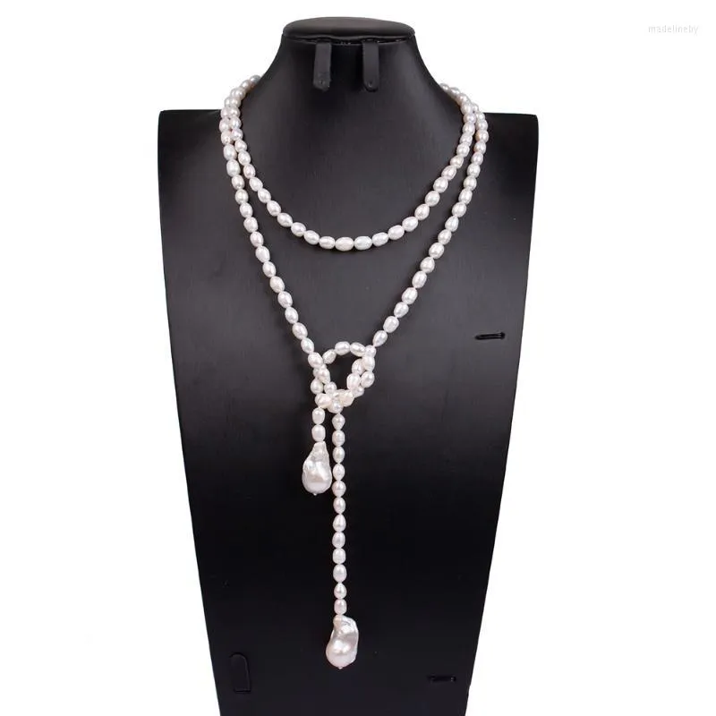 Chains 6-7MM Natural Freshwater White Rice Pearl Necklace Sweater Chain Long Baroque Pendant FP245Chains