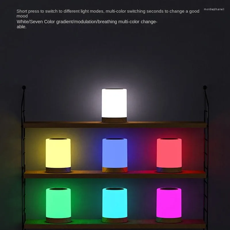 Nachtlichten LED BEDBADE LAMP TOUTLABLE MET 7 kleuren en 4 modi Houtkorrellicht USB -oplaadbare tafel