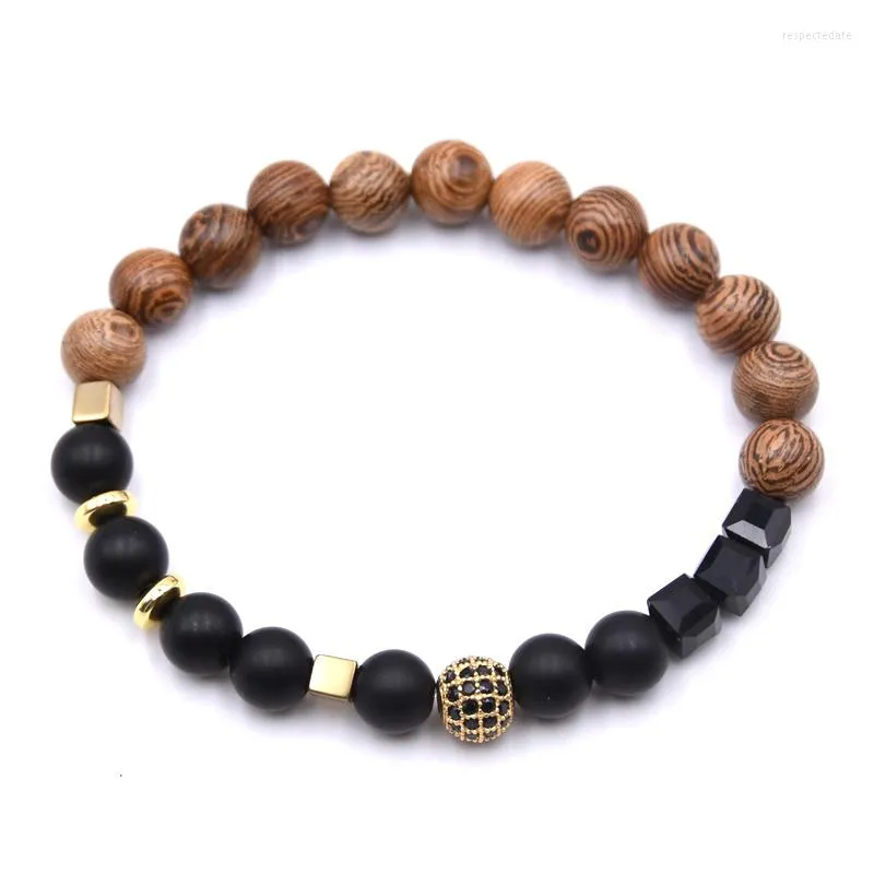 Strand Couple Jewelry Zirconia CZ Balls Charm Bracelet Men 8mm Natural Woods Beads Bracelets For Women Gift Pulsera