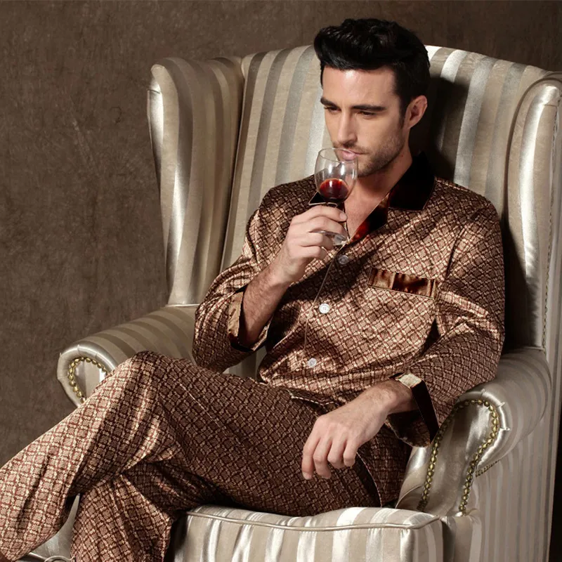 Heren Satijnen Pyjama Heren Korte Top Met Knoopsluiting En