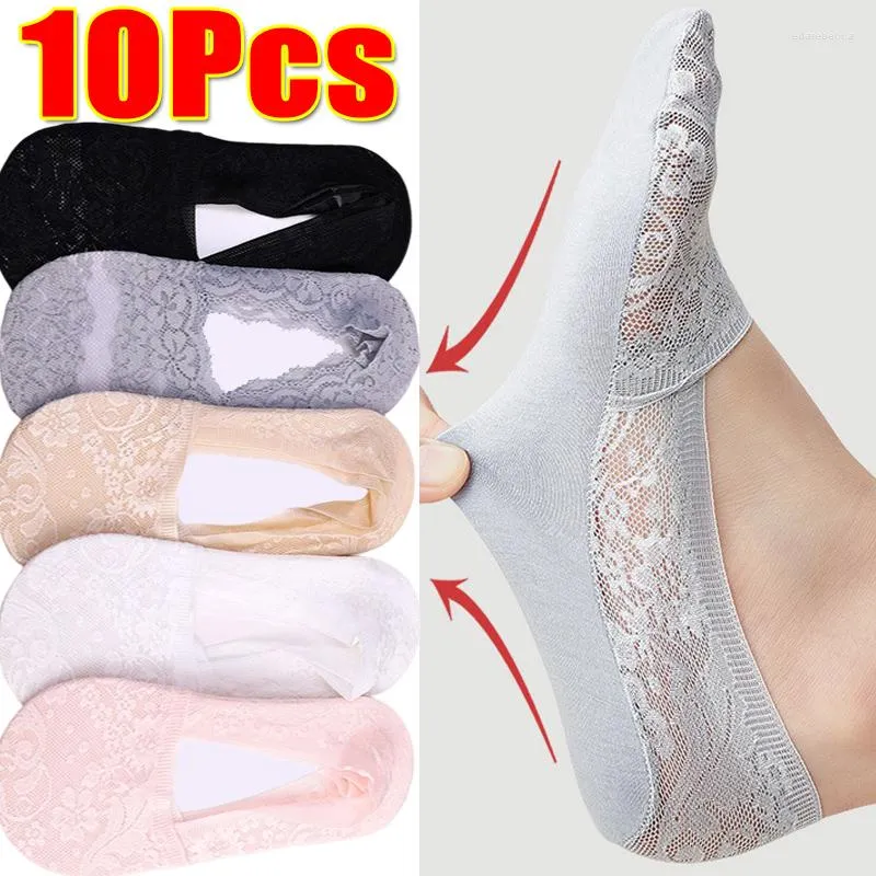 Femmes chaussettes 10 pièces été Sexy dentelle bateau Invisible anti-dérapant coton chaussette glace soie respirant cheville pour filles pantoufles