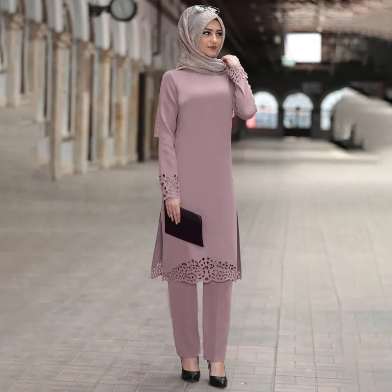 Abbigliamento etnico Abbigliamento islamico Set di pantaloni per donna Abito Abaya Moda musulmana Scava fuori Solido manica lunga Arabo Dubai Eid Mubarak Caftano da donna 230328