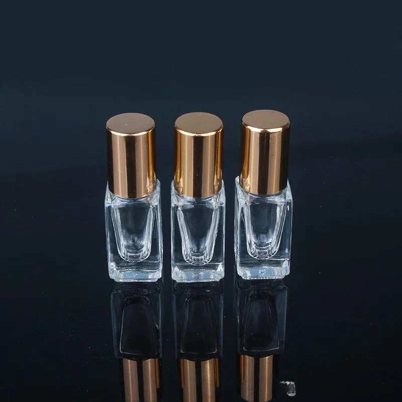 3ML  Oil Perfume Bottles Square Clear Glass Roll On Bottle with Gold/Silver Cap Stainless Steel Roller