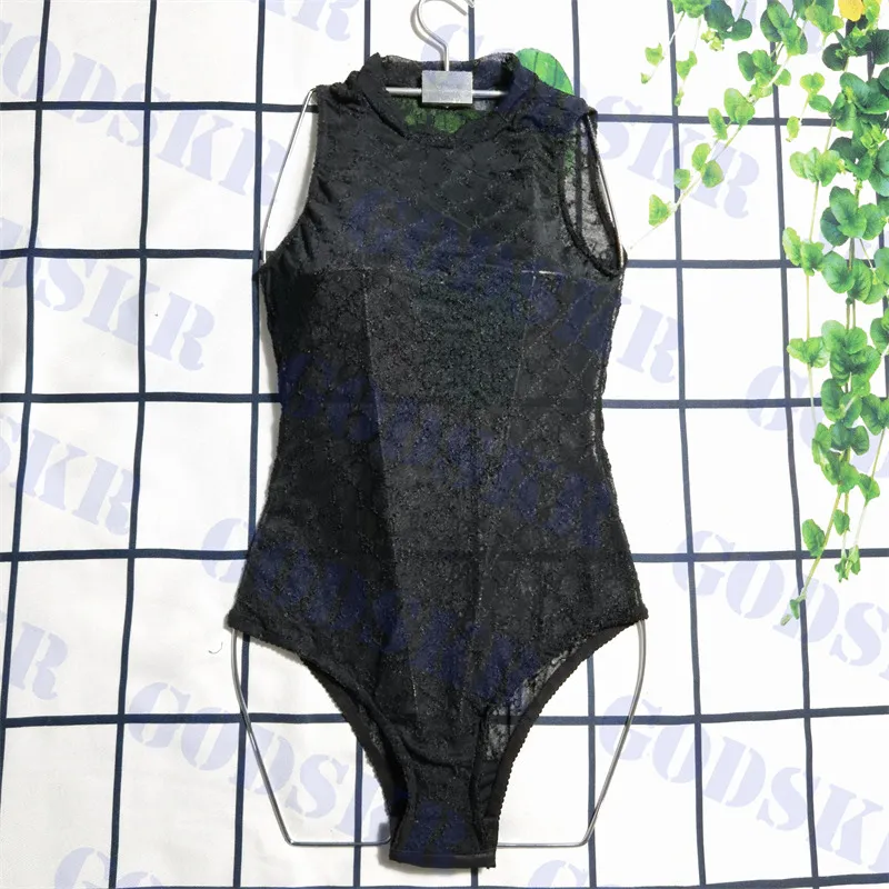 Svart spetsbikini dam badkläder i ett stycke Sexig ärmlös baddräkt för kvinnor Bodysuit Baddräkt