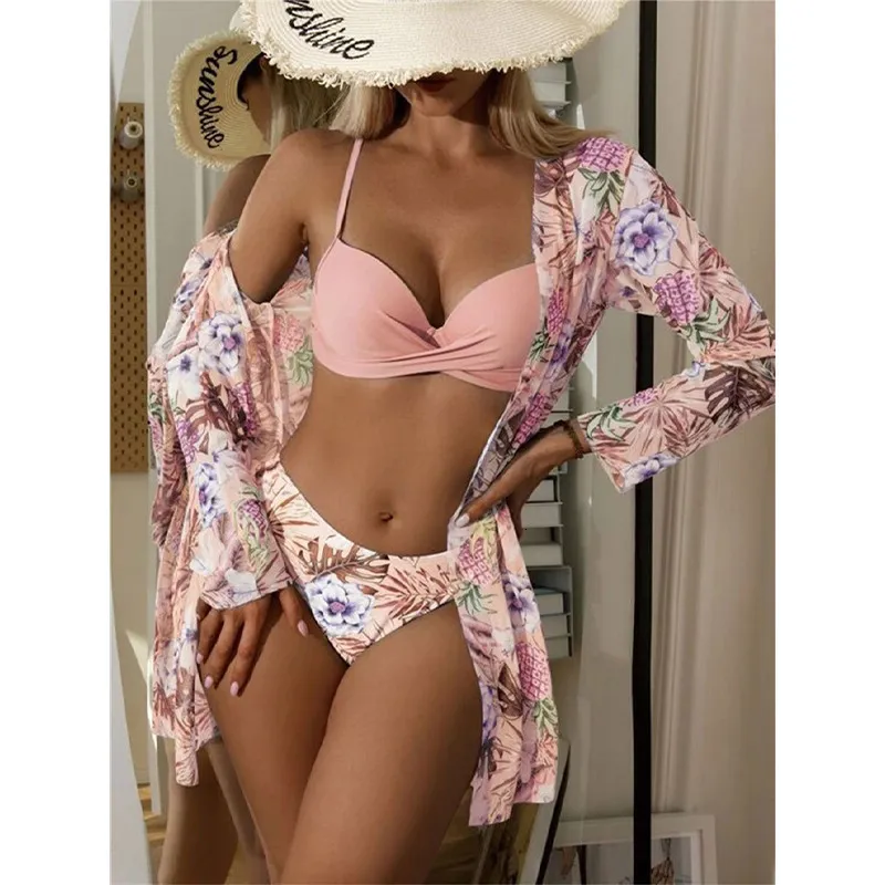 Kvinnors badkläder Kvinnor Floral Print Bikinis Set 2023 Sexig tre -stycken Beach Cover Up Push Summer Long Sleeve Twist Bathing Suit 230328
