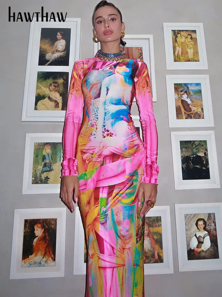 Vestidos casuales Hawflaw Gaun Panjang Busana Wanita Lengan Ketat Bercetakan Baju Jalan Barang Grosir Pakaian Musim Gugur untuk Bisnis 230328