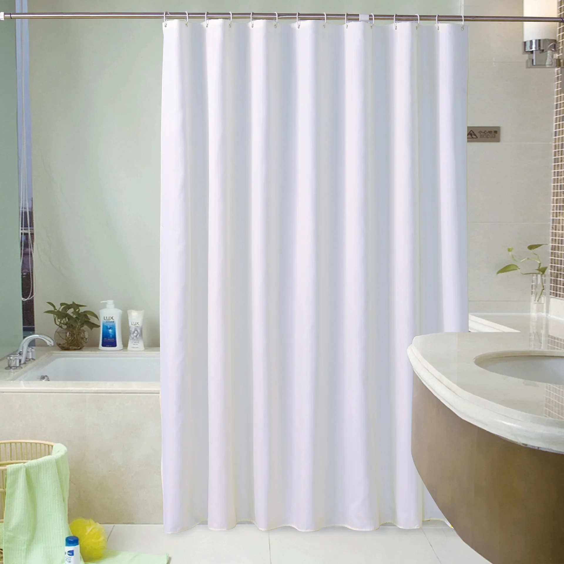 Vit förtjockad vanlig duschgardin Polyester Tyg Bath Curtain Hotel Vattentät duschgardin