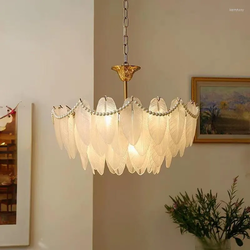 Chandeliers French Luxury Feather Glass Chandelier Retro American Living Room Hanging Light Bedroom Dining Lustre Suspendu Pendant Lamp