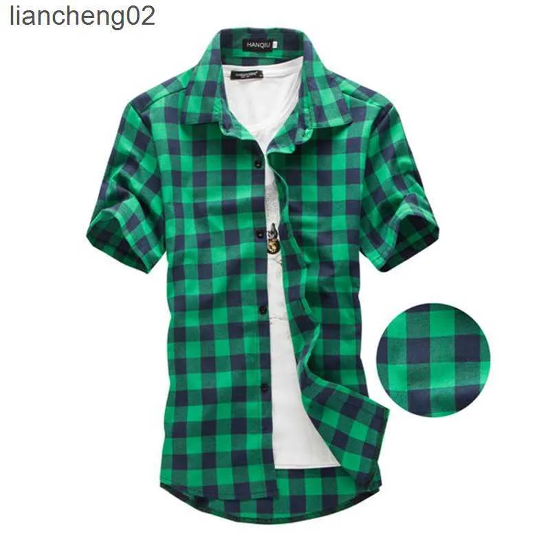 남자 캐주얼 셔츠 해군과 녹색 격자 무늬 셔츠 남자 2022 새로운 도착 여름 남자 캐주얼 짧은 슬리브 셔츠 패션 화학 화학 homme 남자 드레스 셔츠 w0328