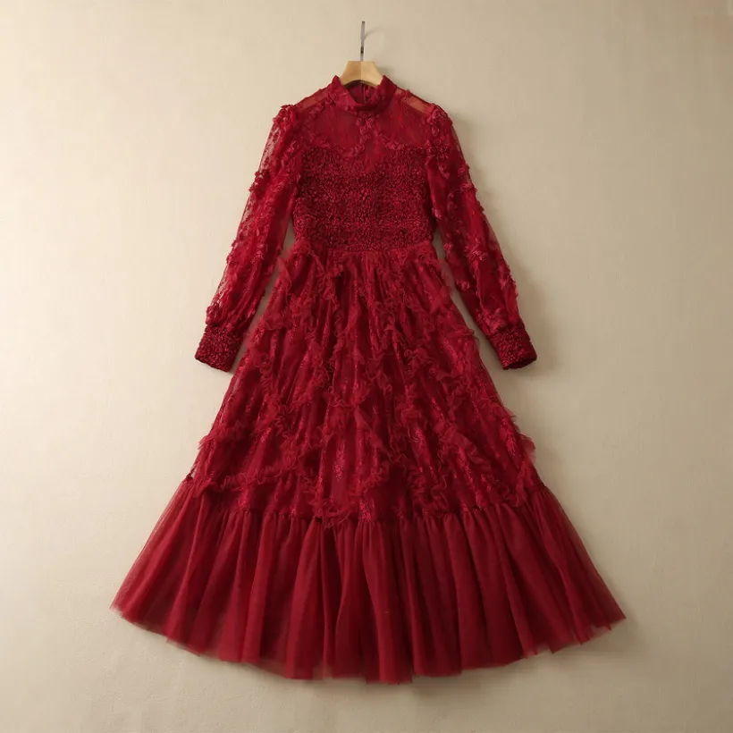 Spring Round Neck Tulle Panelled Dress Solid Color Wine Red / Ivory / Black 3D Flowers Long Sleeve Long Maxi Casual Dresses S2N032331 Plus Size XXL