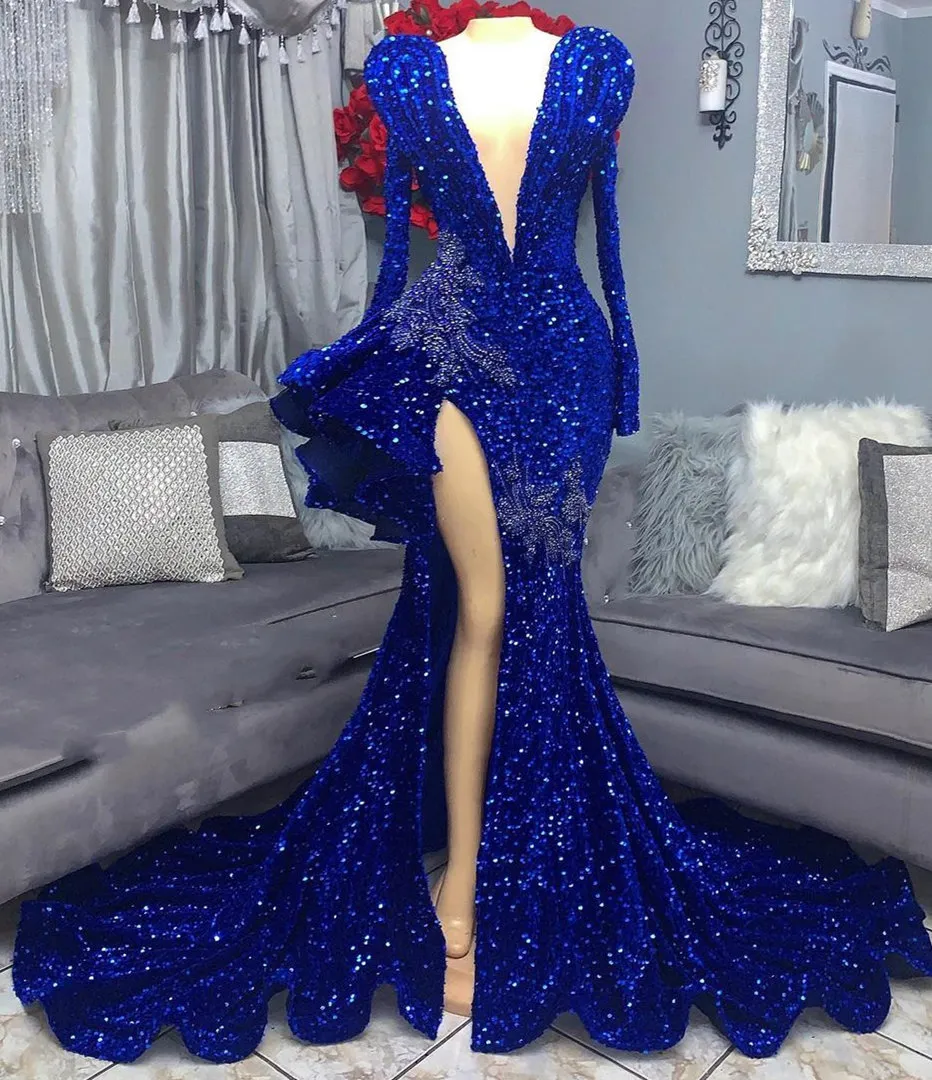 Aso ebi Royal Arabic Blue Prom Dress Beaded Crystals Mermaid Evernic Formal Party Second Recestent Birthday Engagement Gwonsドレス