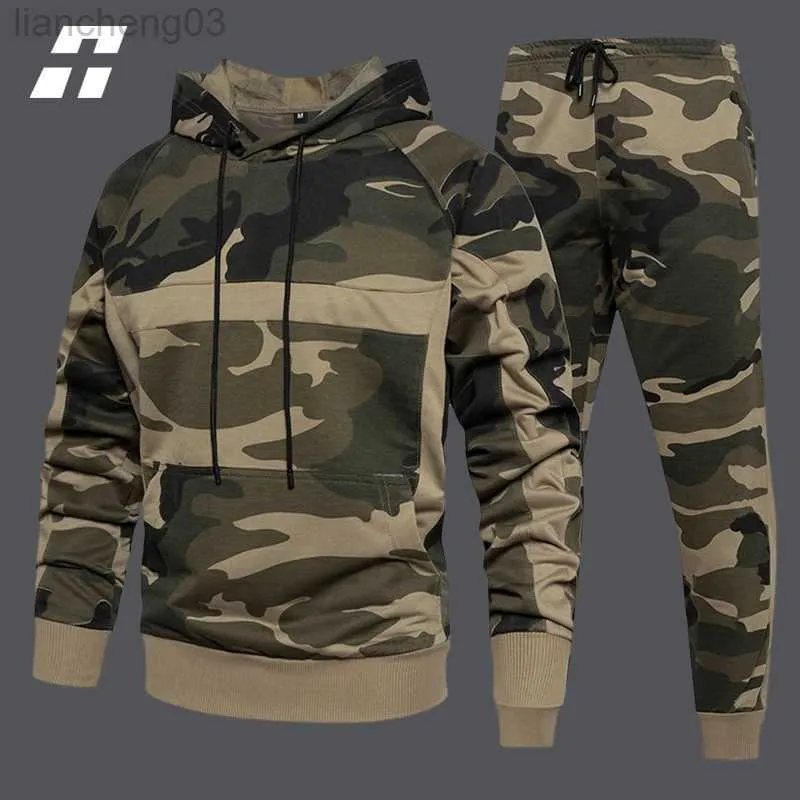 Erkeklerin Trailsuits 2022 Erkekler Sıradan Spor Takım Kamufla Çoğaltma Mens Sokak Giyim Sonbahar Gevşek Erkekler Setleri aşırı kapüşonlu pantolon 2 adet Set Giyim W0328