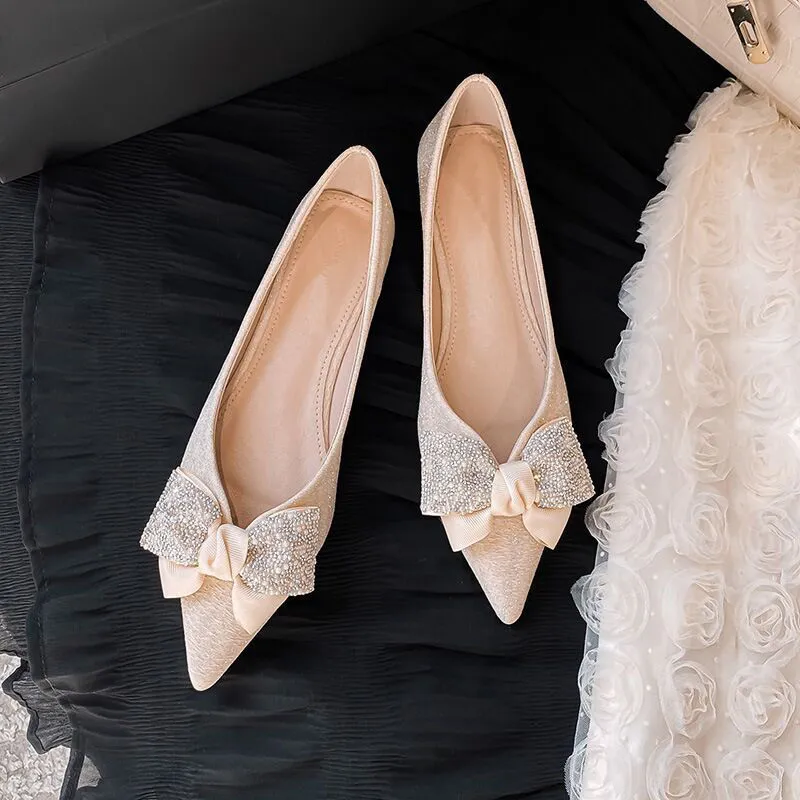 Dress Shoes brand designer crystal big bow flats women pointy glitter knitting ballerina shoes silk bowtie wedding shoes big size 230327