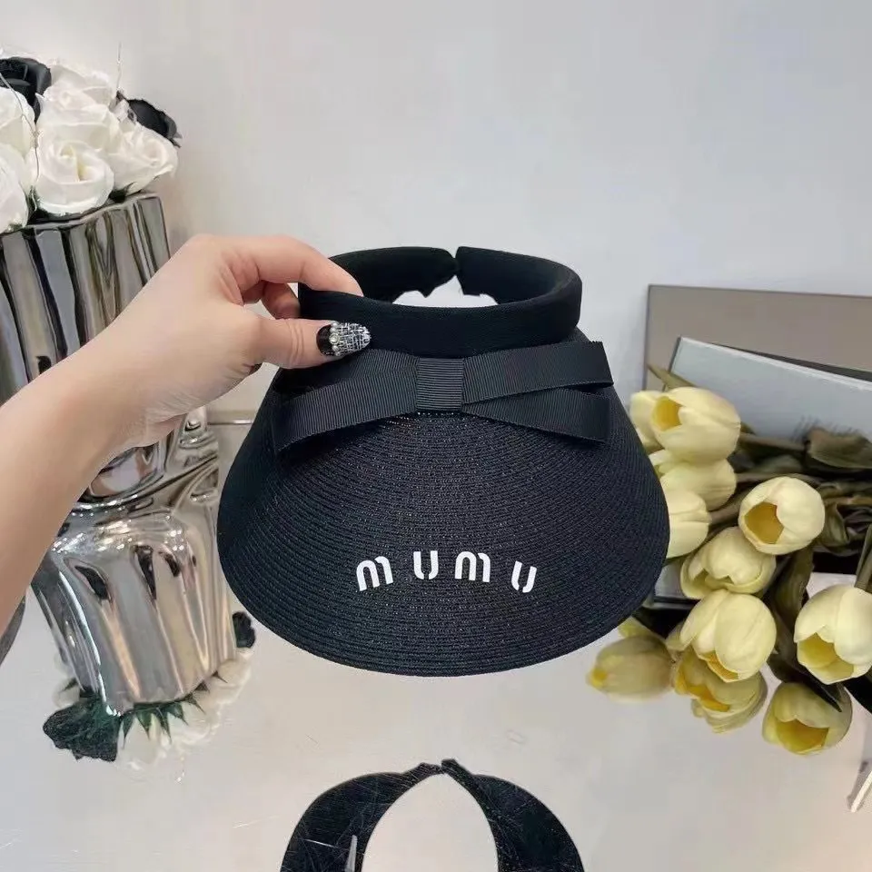 MIU 여성용 빈 탑 햇 디자이너 비니 모자 썬 프로텍션 UV Bowknot Large brim 밀짚 모자