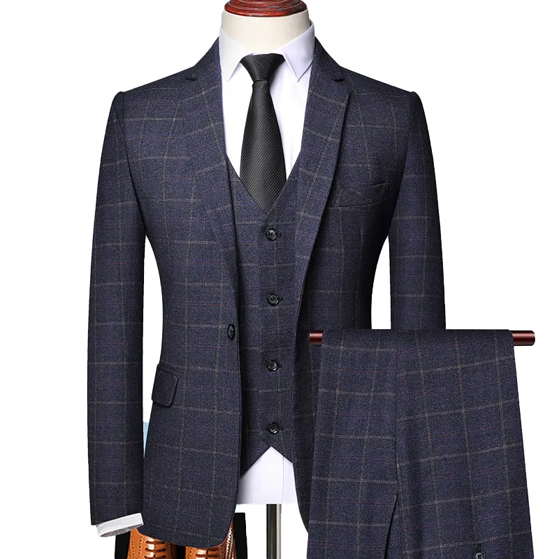 Trajes de hombre Blazers Blazer Chaleco Pantalones Marca de gama alta Moda Plaid Hombres Traje de negocios formal 3pec Novio Vestido de novia Esmoquin Traje informal 230328