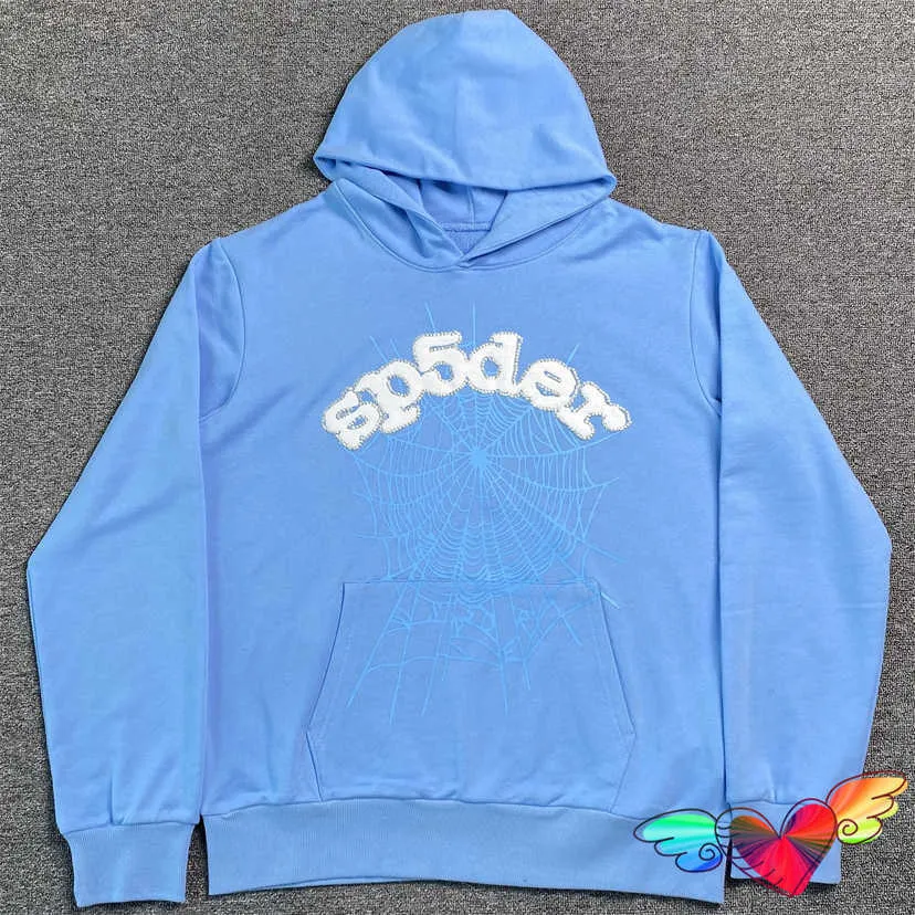 Erkek Hoodies Tişörtü 2023 Gök Mavisi Sp5der Hoodie Erkek Kadın 1 1 Hip Hop Young Thug Spider Hoodie World Wide 555.555 Tişörtü Gevşek Kazaklar G230328