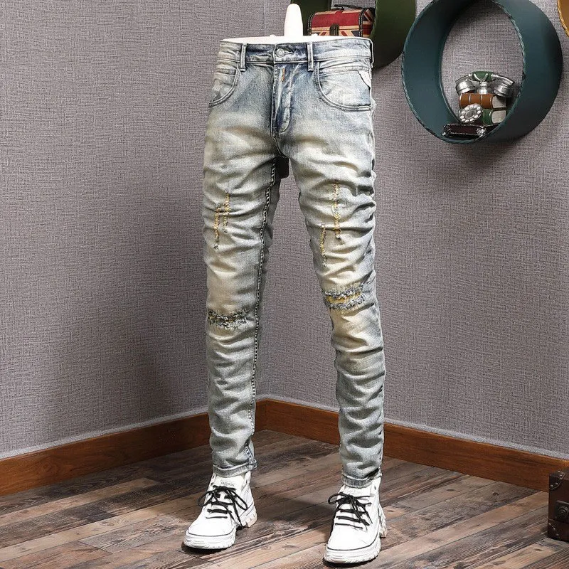 Erkek pantolon sokak kıyafeti moda kot pantolon retro sarı mavi elastik ince fit yırtılmış nakış tasarımcısı hip hop denim hombre 230328