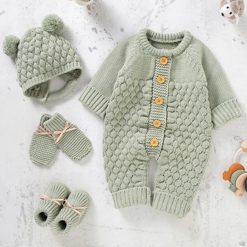 Rompers födda baby romper skor handskar set stickad tjej pojke jumpsuit boot mitten solid småbarn spädbarn långärmad kläder 4 st fall 018m 230328