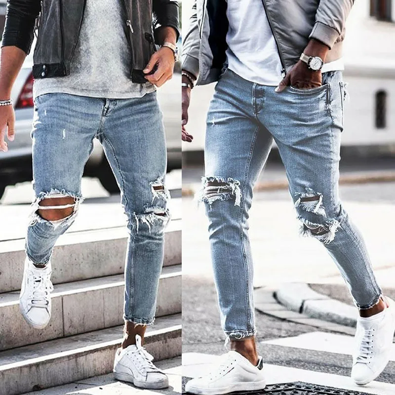 Erkek pantolon 2023 moda sokak tarzı yırtılmış skinny jeans erkekler vintage katı denim pantolon erkekler rahat ince fit kalem 230328
