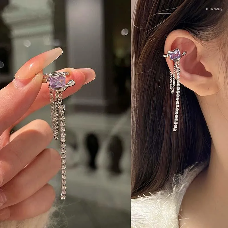 Dos boucles d'oreilles 1 pièces violet Zircon chaîne gland oreille pince pour les femmes en forme de C faux Piercing manchette sur bijoux cadeau