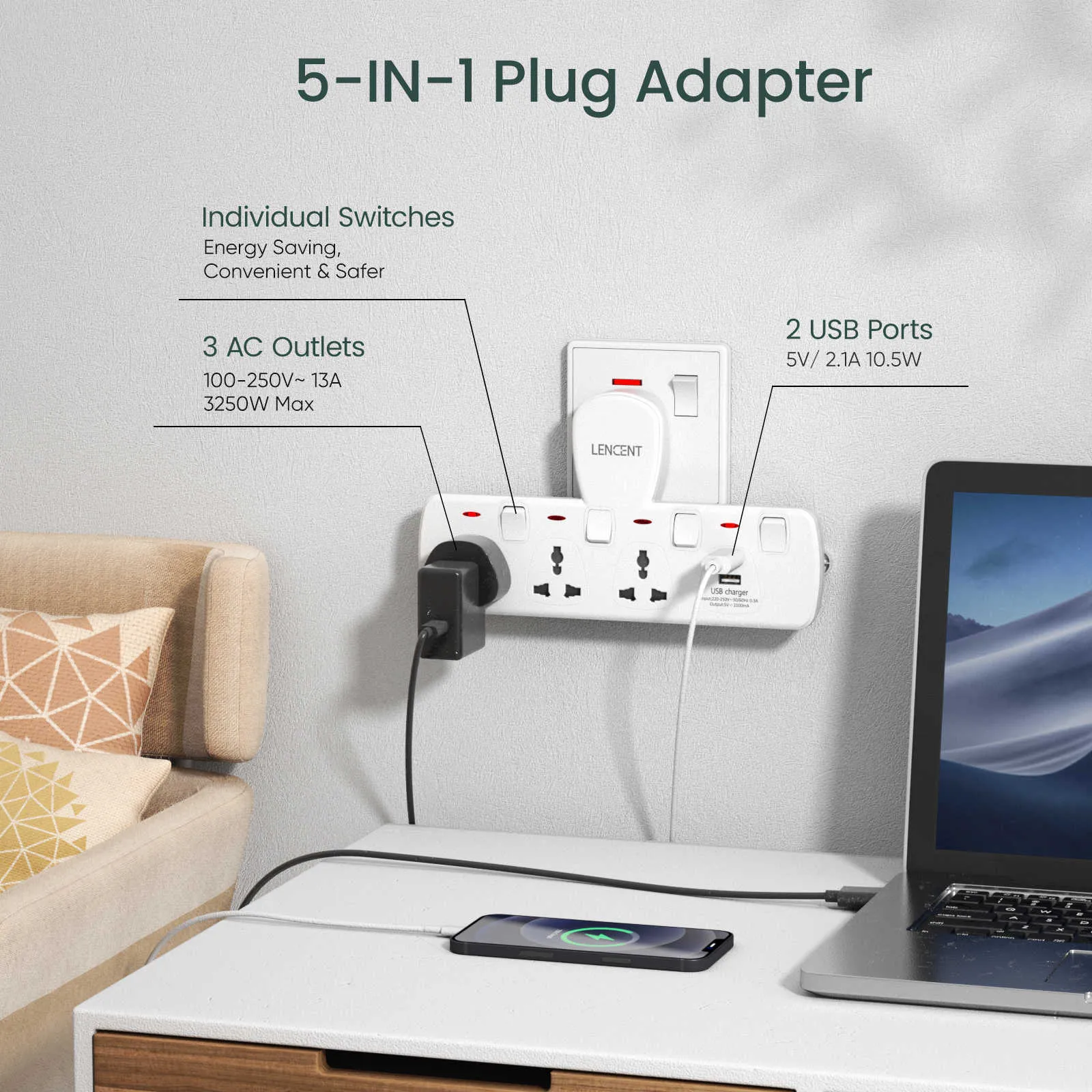  Paquete de 2 tomas múltiples con interruptor y 1 paquete de  mini tomacorriente con 2 puertos USB : Herramientas y Mejoras del Hogar