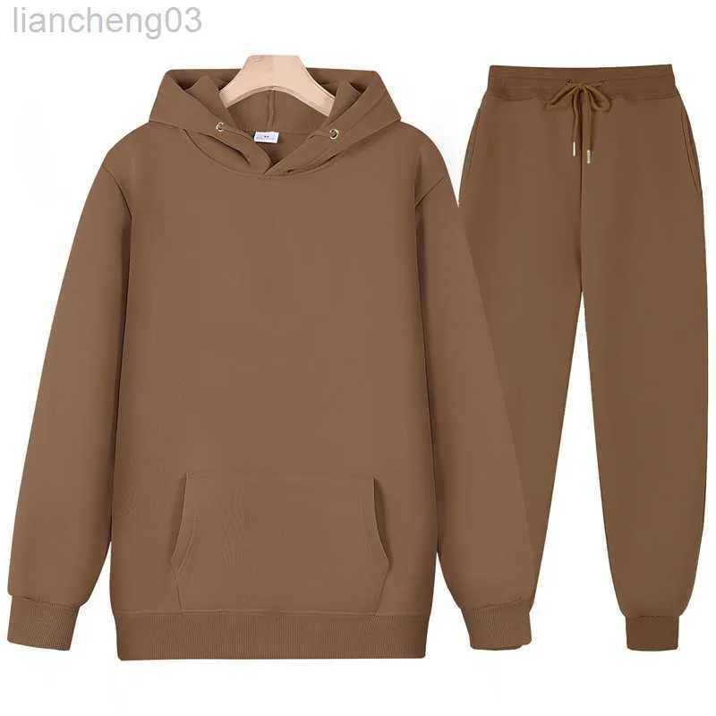 Herrespår Nya män Kvinnor Tracksuit hoodies Casual Solid Color Thick Pullover och Long Pant 2-Piece Set Men Autumn Fleece Jogger Sports Suit W0328