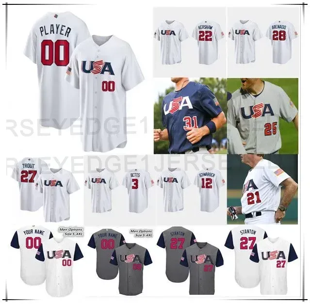 CUSTOM Team USA 2023 World Baseball Classic WBC Baseball Jerseys Mike Trout Nolan Arenado Pete