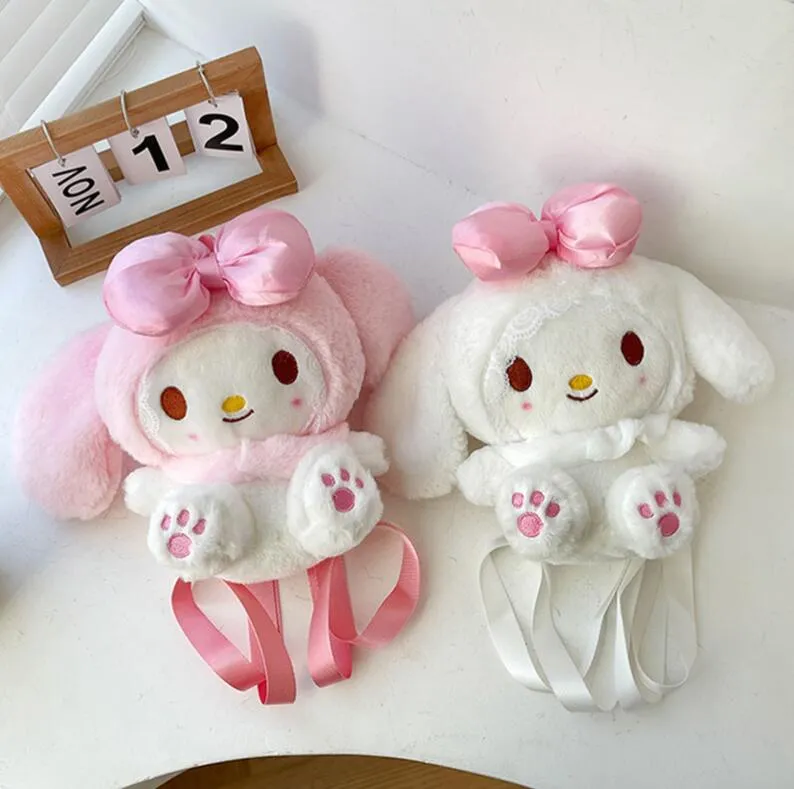 Kawaii rosa branco grande olho de pelúcia mochila garotinha fofa acessórios suaves bolsa de zíper para meninas presente de aniversário