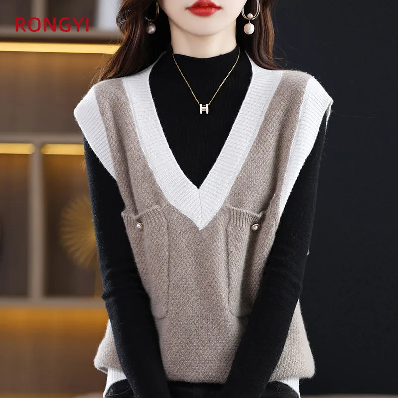 Kvinnors västar Rongyi 100% Merino Wool Women's V-Tie Pocket T-shirt Autumn-Winter Pullover Cashmere Warm Vest High Quality Top JS021 230328