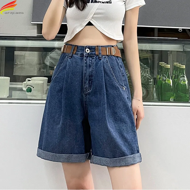 Kobiety DFRCAEG Letnie dżinsowe spodenki dla kobiet plisowane luźne niebieskie dżinsy z paskiem w stylu koreańskiego street strear Bermuda Shorts 230328