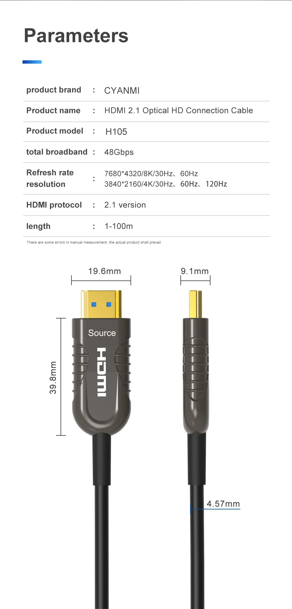 10m / 15m Fibre optique HDMI 2.1 Câble 8K 60Hz 48 Gops 4K 120Hz 144Hz EARC HDR HDCP 2.2 2.3 Console de jeu HDTV PC TV