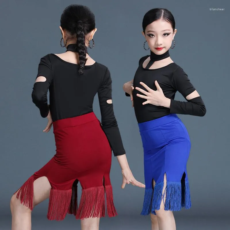 Stage Draag Latin Dance Practice Dress Children Competition Performance Sexy Long Sleeve Fring Rok Suit Summer