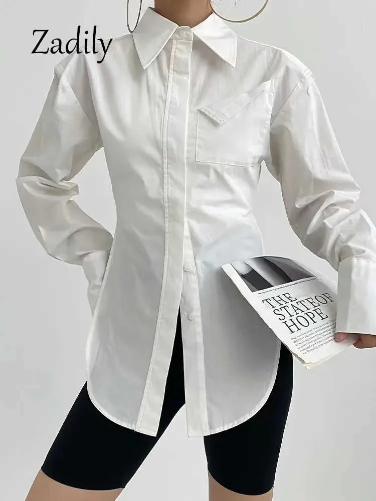 여성용 블라우스 셔츠 Zadily 2023 Spring New in Streetwear Long Sleeve White Shirt 흰 셔츠 여성 미니멀리스트 포켓 버튼 업 숙녀 튜닉 블라우스 여성 탑 Y2303