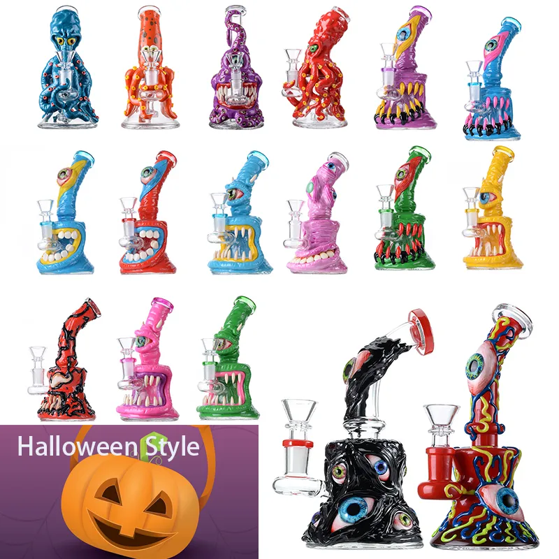 Halloween Style Eye Tetch Unikalne szklane bongsowe mokatowe rurki wodne prysznic percolator Octopus Oil Oil Rigs zlewka Bong o grubości 5 mm mini mini woskowe platformy z miską